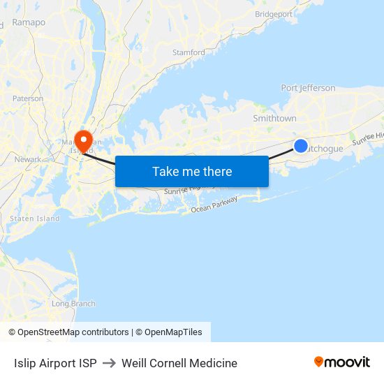 Islip Airport ISP to Weill Cornell Medicine map