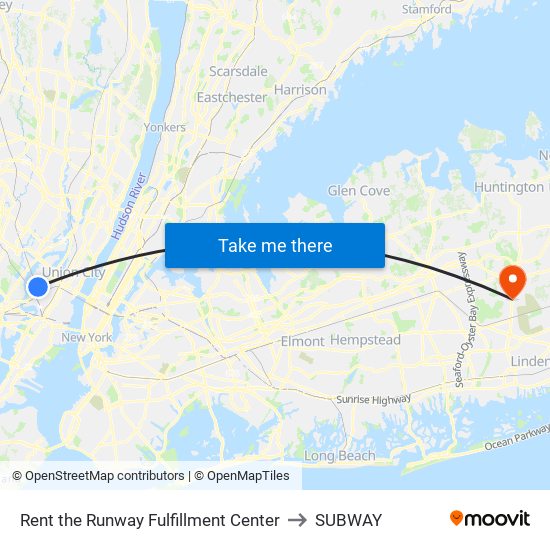 Rent the Runway Fulfillment Center to SUBWAY map