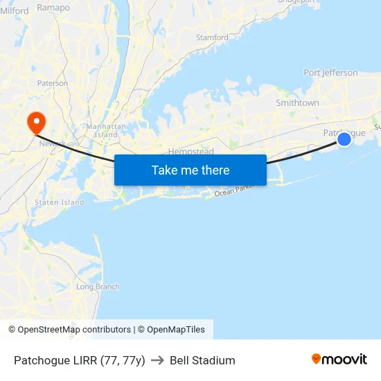 Patchogue LIRR (77, 77y) to Bell Stadium map