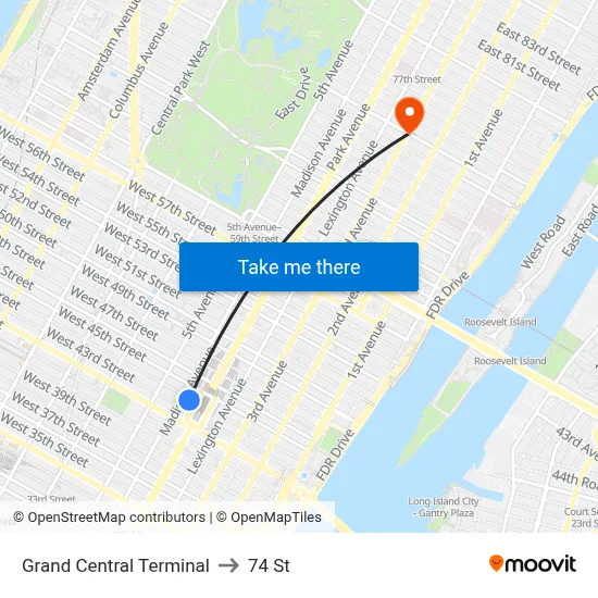 Grand Central Terminal to 74 St map