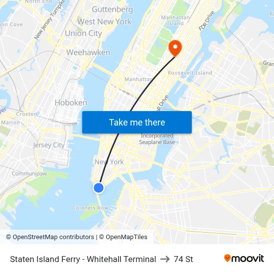 Staten Island Ferry - Whitehall Terminal to 74 St map