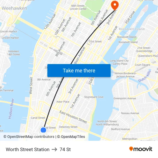 Worth Street Station to 74 St map