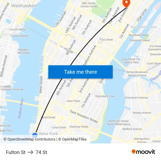 Fulton St, New York, NY 10007 to 74 St map