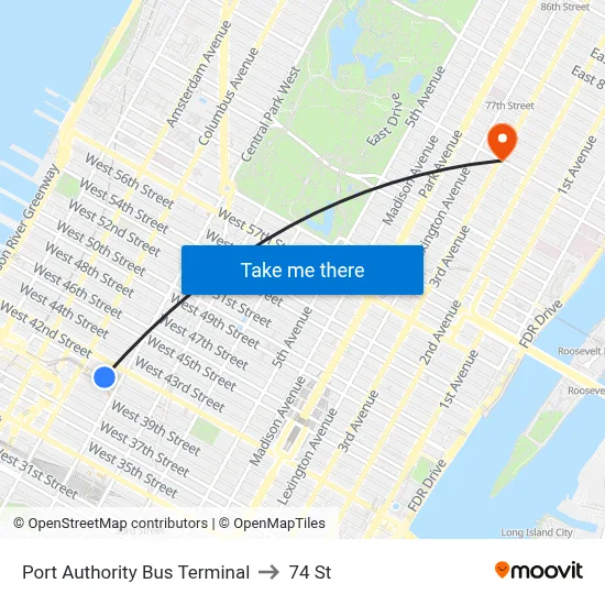 Port Authority Bus Terminal to 74 St map