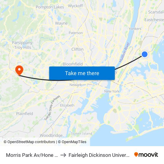 Morris Park Av/Hone Av to Fairleigh Dickinson University map