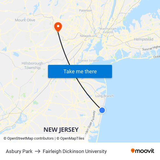Asbury Park to Fairleigh Dickinson University map
