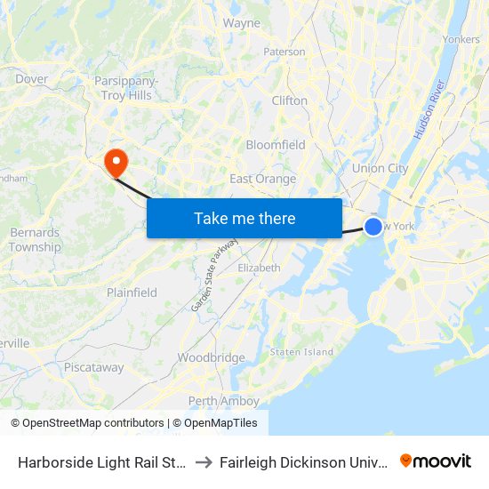 Harborside Light Rail Station to Fairleigh Dickinson University map