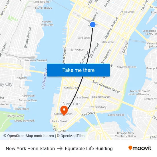 New York Penn Station to Equitable Life Building map
