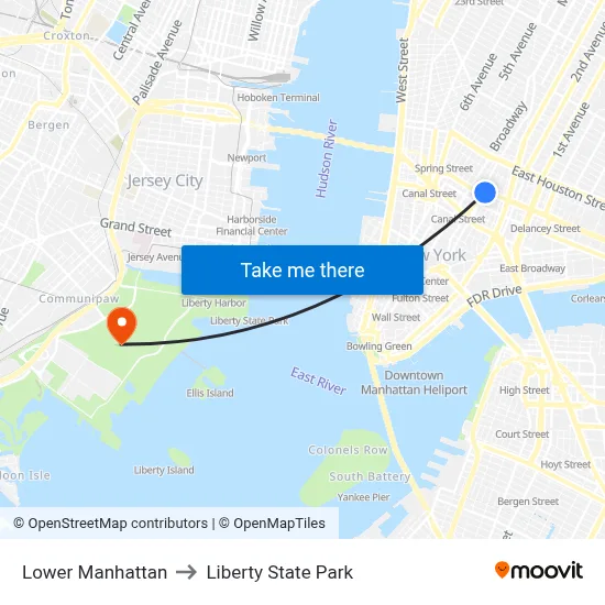 Lower Manhattan to Liberty State Park map
