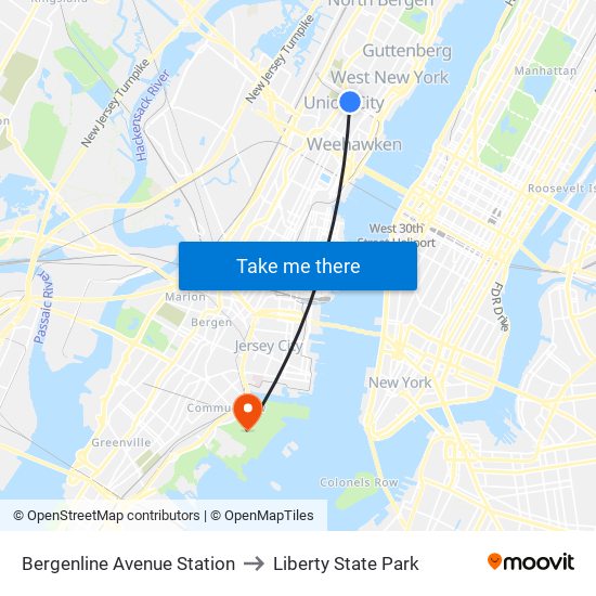 Bergenline Avenue Station to Liberty State Park map