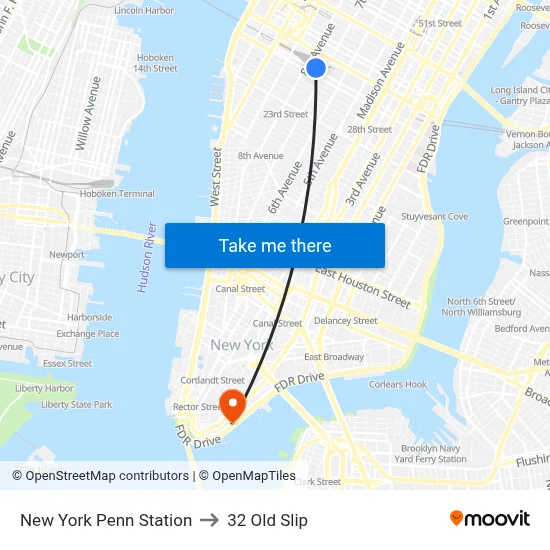 New York Penn Station to 32 Old Slip map