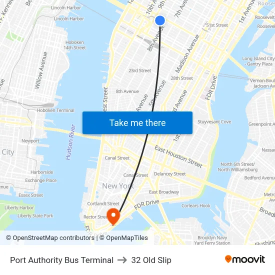 Port Authority Bus Terminal to 32 Old Slip map