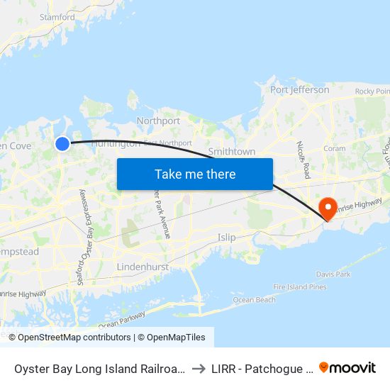 Oyster Bay Long Island Railroad Turntable to LIRR - Patchogue Station map