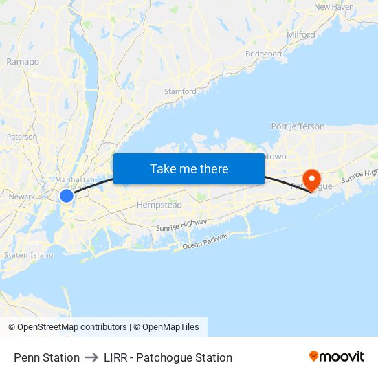 Penn Station to LIRR - Patchogue Station map