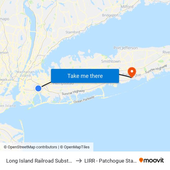 Long Island Railroad Substation to LIRR - Patchogue Station map