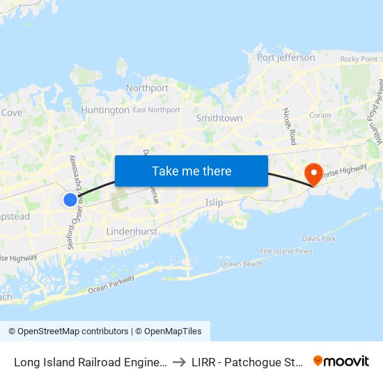 Long Island Railroad Engineering to LIRR - Patchogue Station map