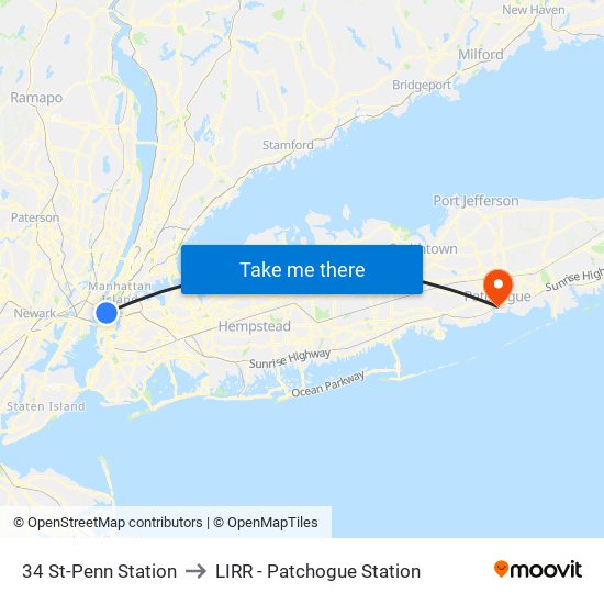 34 St-Penn Station to LIRR - Patchogue Station map