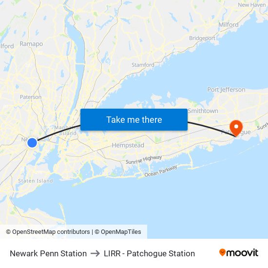 Newark Penn Station to LIRR - Patchogue Station map