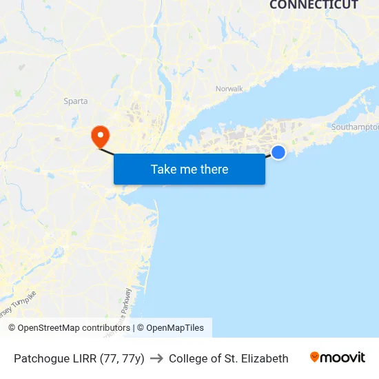 Patchogue LIRR (77, 77y) to College of St. Elizabeth map