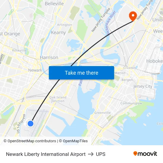 Newark Liberty International Airport to UPS map