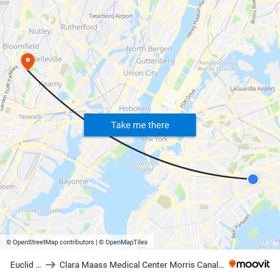 Euclid Av to Clara Maass Medical Center Morris Canal Room map