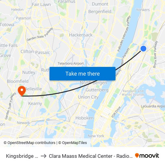 Kingsbridge Rd to Clara Maass Medical Center - Radiology map