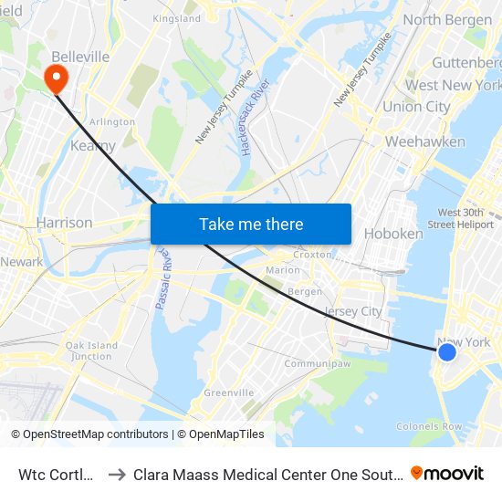 Wtc Cortlandt to Clara Maass Medical Center One South Annex map