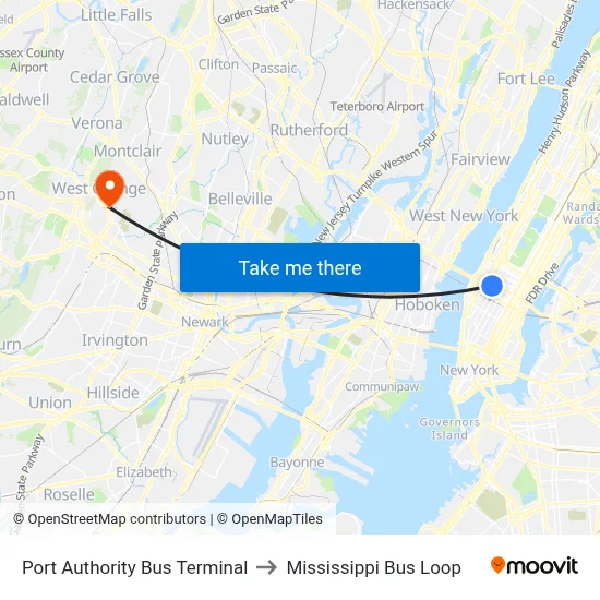 Port Authority Bus Terminal to Mississippi Bus Loop map