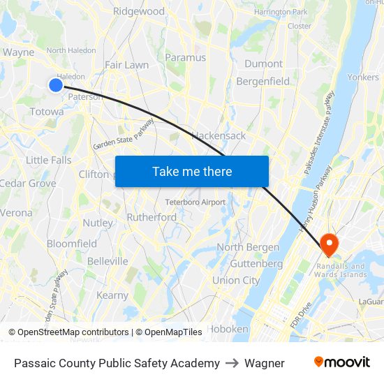 Passaic County Community College Public Safety Academy to Wagner map