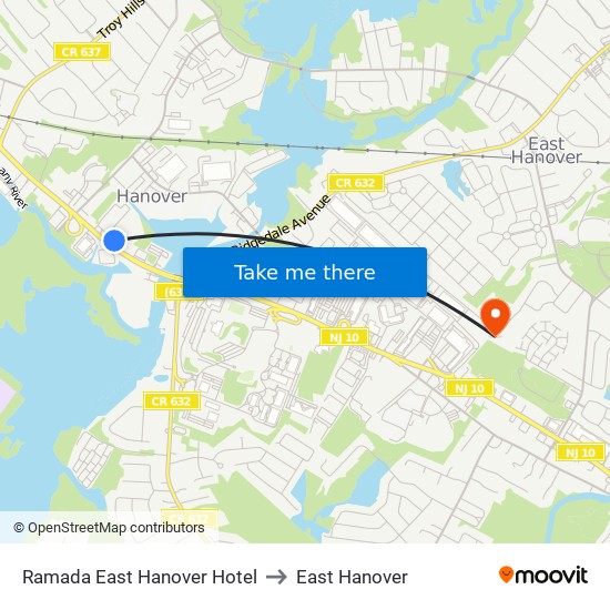 Ramada East Hanover Hotel to East Hanover map