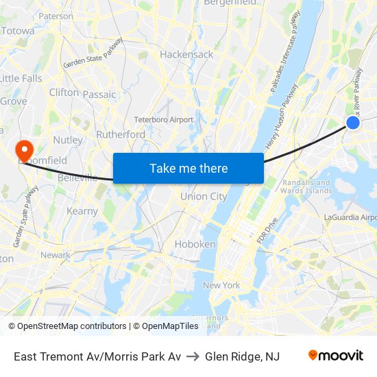 East Tremont Av/Morris Park Av to Glen Ridge, NJ map