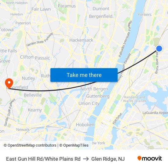 East Gun Hill Rd/White Plains Rd to Glen Ridge, NJ map