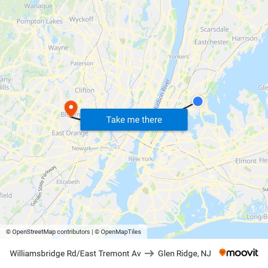 Williamsbridge Rd/East Tremont Av to Glen Ridge, NJ map