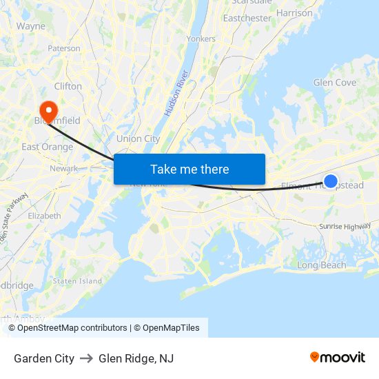 Garden City to Glen Ridge, NJ map