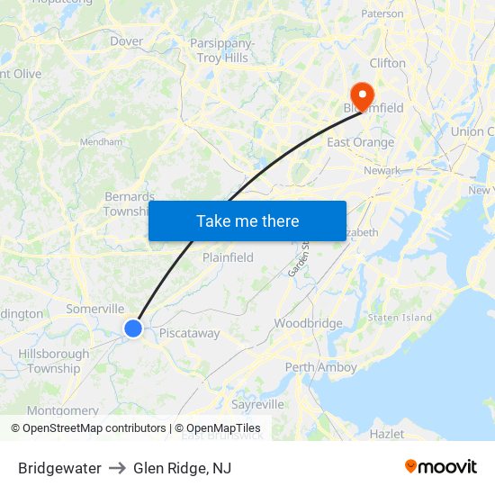 Bridgewater to Glen Ridge, NJ map