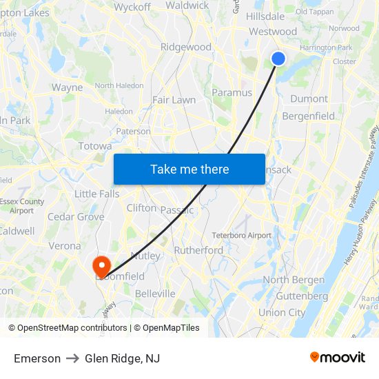 Emerson to Glen Ridge, NJ map