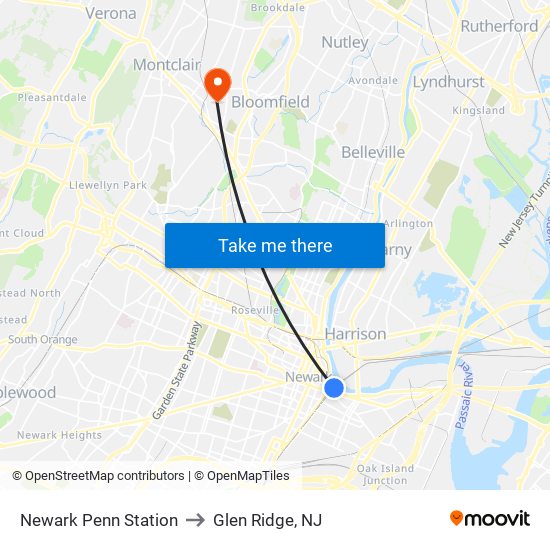 Newark Penn Station to Glen Ridge, NJ map