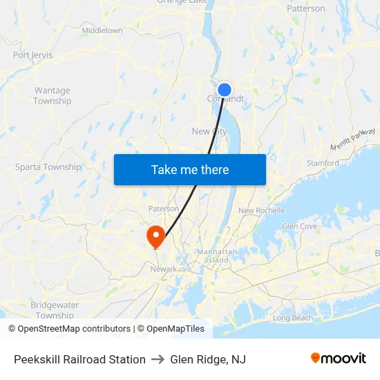 Peekskill Railroad Station to Glen Ridge, NJ map