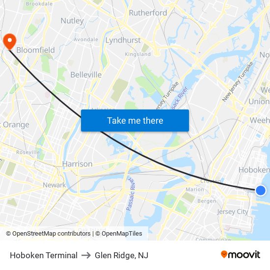 Hoboken Terminal to Glen Ridge, NJ map