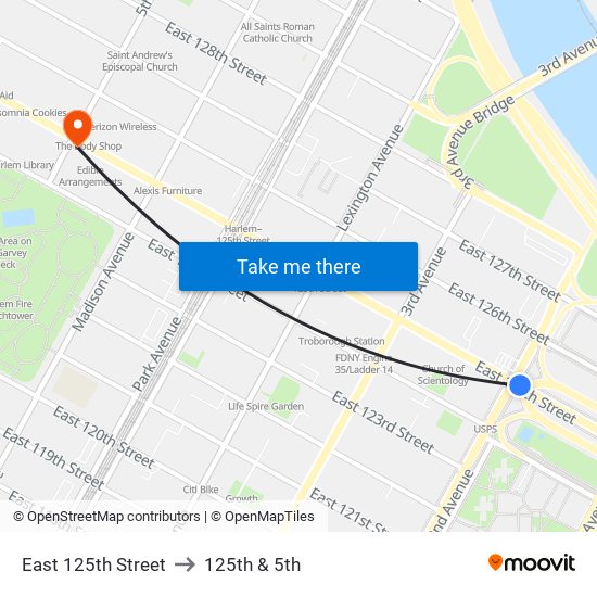 East 125th Street to 125th & 5th map