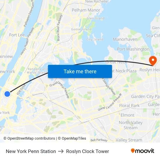 New York Penn Station to Roslyn Clock Tower map