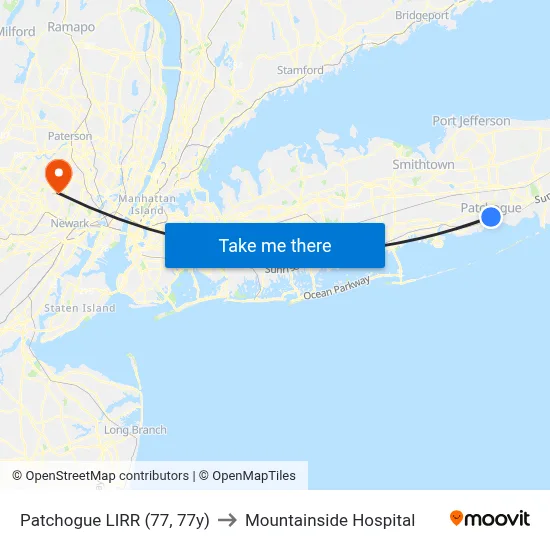 Patchogue LIRR (77, 77y) to Mountainside Hospital map