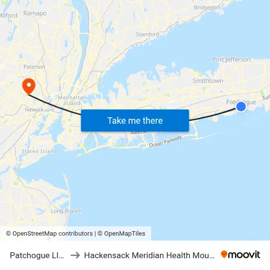 Patchogue LIRR (77, 77y) to Hackensack Meridian Health Mountainside Medical Center map