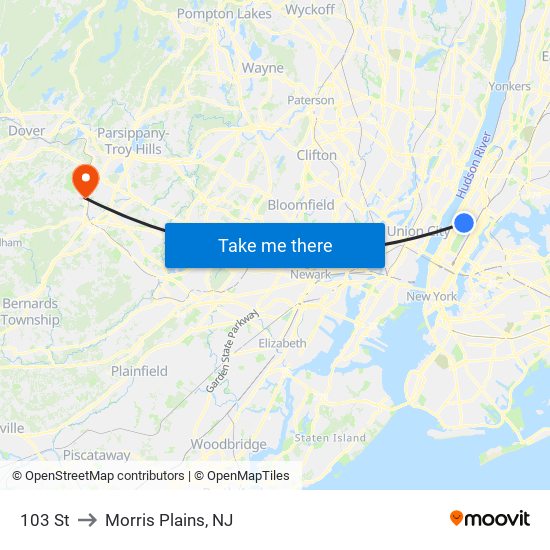 103 St to Morris Plains, NJ map