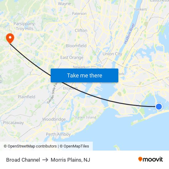 Broad Channel to Morris Plains, NJ map