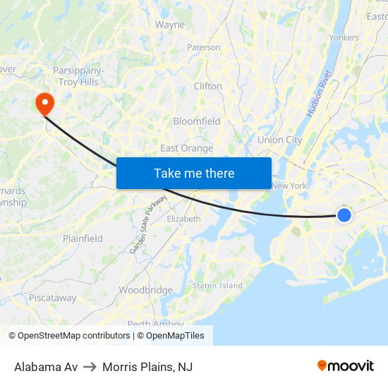 Alabama Av to Morris Plains, NJ map