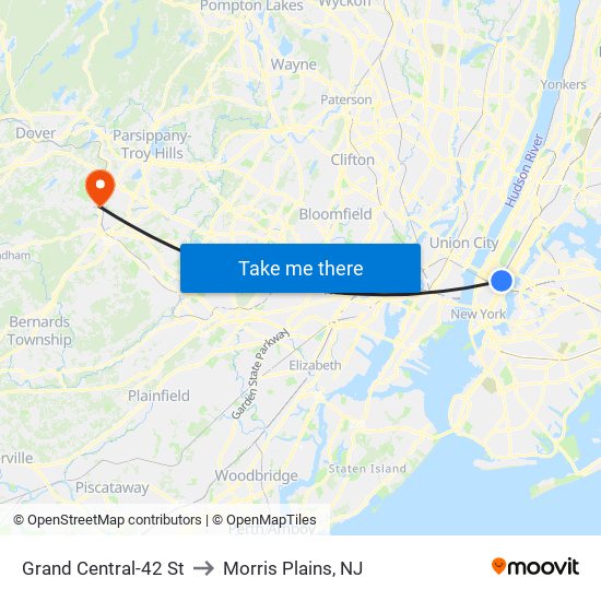 Grand Central-42 St to Morris Plains, NJ map