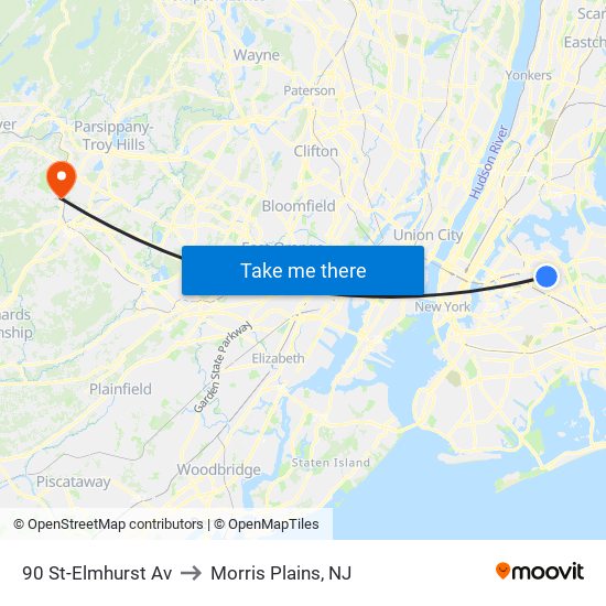 90 St-Elmhurst Av to Morris Plains, NJ map