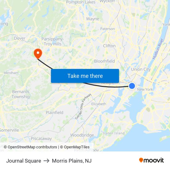 Journal Square to Morris Plains, NJ map