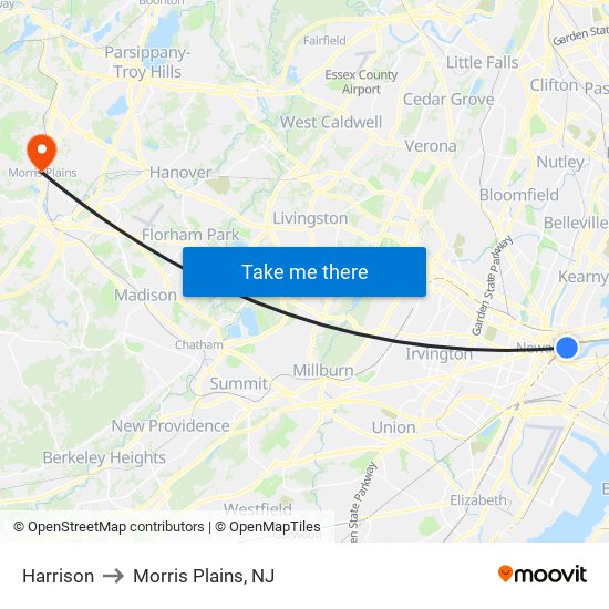 Harrison to Morris Plains, NJ map